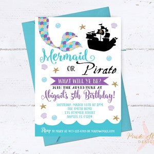 Mermaid and Pirate Invitation, Mermaid and Pirate Birthday Invitation, Pirate and Mermaid Invitation, Sibling Birthday Invitation, Mermaid