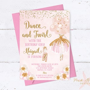 Ballerina Invitation, Ballerina Birthday, Pink and Gold Tutu Birthday Invitation, Ballerina Birthday Invitation, Ballerina Invite image 1