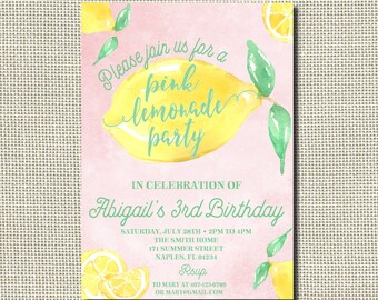 Lemonade Birthday Invitation, Pink Lemonade Party, Lemon Invitation, Lemonade Party Invitation, Lemonade Stand Birthday Invitation