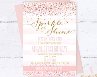 Sparkle and Shine Birthday Invitation, Pink and Gold Birthday Invitation, Birthday Invitation, Gold Glitter, Glam, Confetti, Blush, Digital
