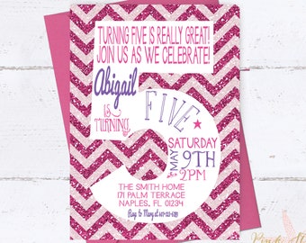 Fifth Birthday Invitation, Chevron Glitter Birthday Invitation, 5th Birthday Invitation, Five Year Old, Glitter Invitation, Purple, Pink, 5