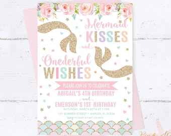 Mermaid Dual Birthday Invitation, Sibling Birthday Invitation, Mermaid Invitation, ONEderful Invitation, Sibling Mermaid Invitation,