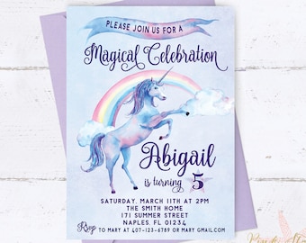 Unicorn Invitation, Unicorn Birthday Invitation, Unicorn Invitation, Rainbow Unicorn Birthday, Watercolor Unicorn, Unicorn Party, Purple