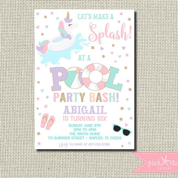 Unicorn Birthday Invitation, Pool Party Invitation, Unicorn Pool Party Invitation, Unicorn Invitation, Splash Pad Party, Summer Party Invite