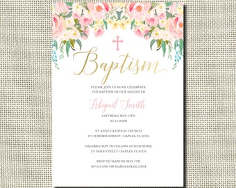 Baptism Invitation, Baptism Invitation Girl, Floral Baptism Invitation, Pink Baptism Invitation, First Communion, Dedication, Christening
