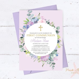 First Communion Invitation, Girl First Communion Invitation, Communion Invitation, 1st Communion Invitation, Lavender First Communion