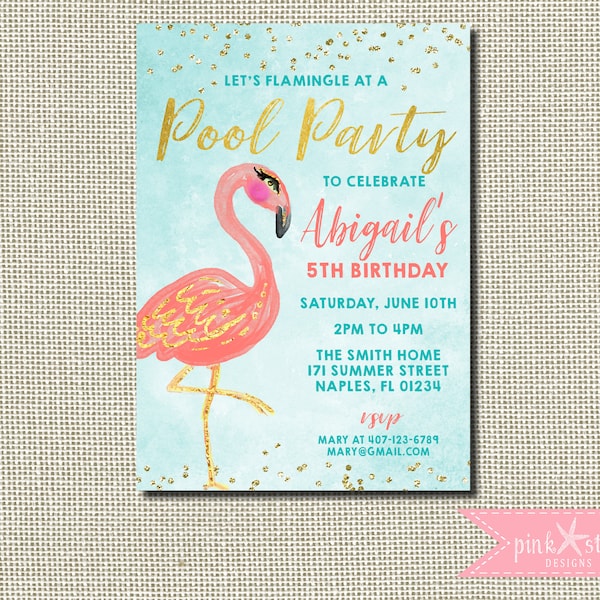 Flamingo Birthday Invitation, Flamingo Invitation, Pool Party Invitation, Flamingo Pool Party, Pink Flamingo, Glitter, Pink and Gold