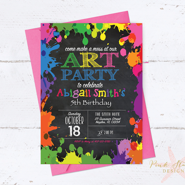 Art Party Invitation, Chalkboard Rainbow Art Party Invitation, Paint Party Invitation, Art Party Birthday, Paint Splatter, Birthday Party