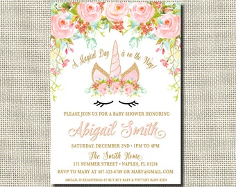 Unicorn Baby Shower Invitation, Magical Unicorn Invite, Floral Unicorn Invitation, Unicorn Face, Baby Shower Invitation, Unicorn Shower