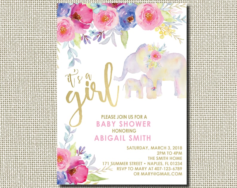 Girl Elephant Baby Shower Invitation Safari baby shower invitation Girl elephant invitation jungle baby shower invite floral