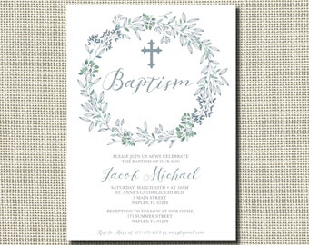 Baptism Invitation, Greenery Baptism Invitation, Baptism Invitation Boy, Blue Baptism Invitation, Communion, Dedication, Christening