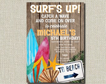 Surf Invitation, Surfing Invitation, Surfing Birthday Party, Luau Party, Hawaiian Party, Beach Birthday, Pool Party, Digital, Printable