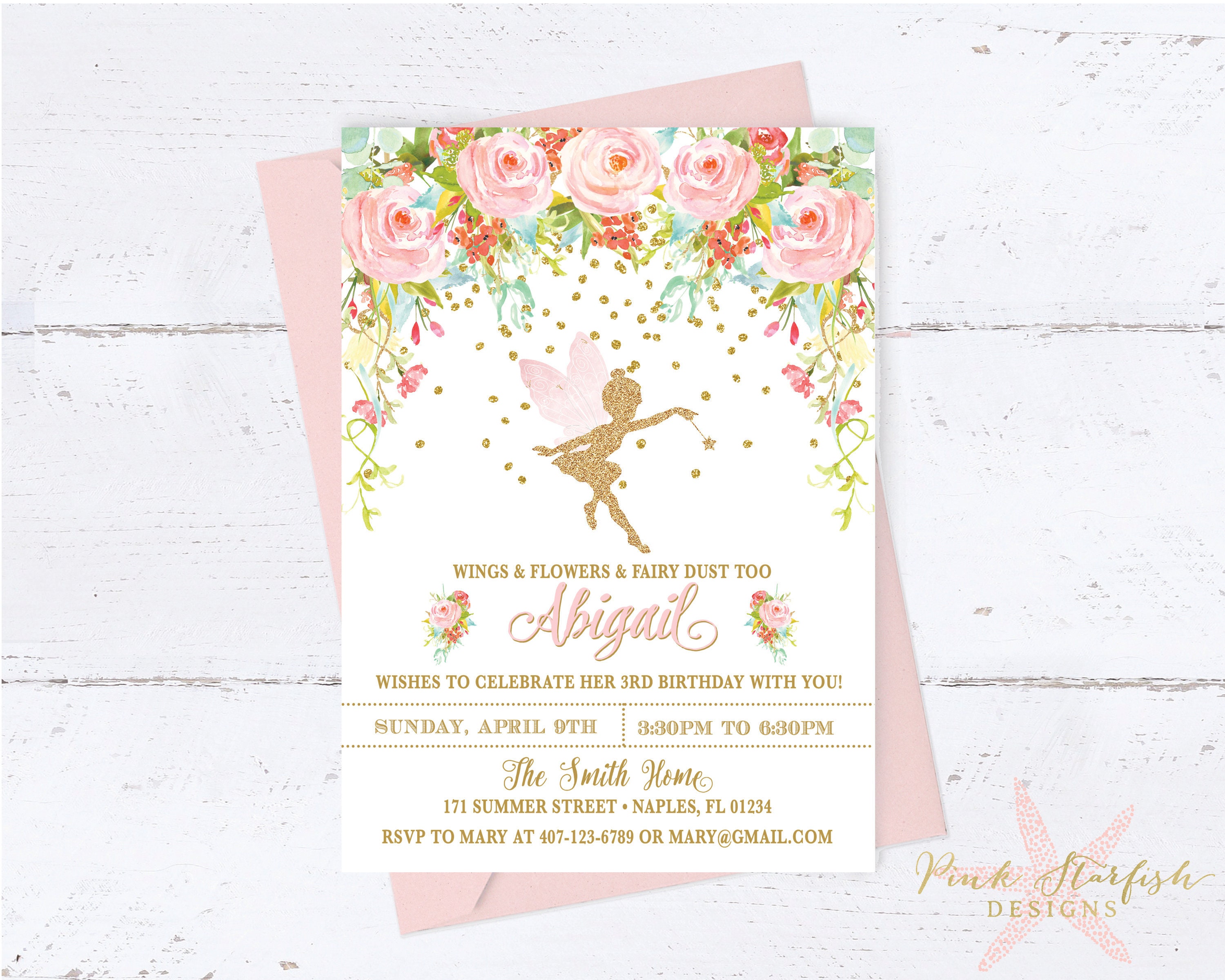 FAIRY INVITATIONS FAIRIES ROSE GOLD GLITTER GIRLS BIRTHDAY PARTY SUPPLIES FLORAL