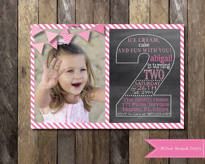 Chalkboard Second Birthday Invitation, Second Birthday Invitation with Picture, Printable Invitation, Chalkboard Invitation, Pink Invitation image 1