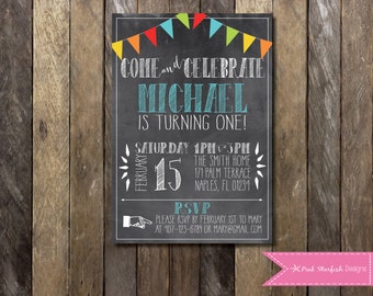 PRINTABLE Chalkboard First Birthday Invitation - 1st Birthday Invitation -  Girls Boys Birthday Party 4x6 or 5x7