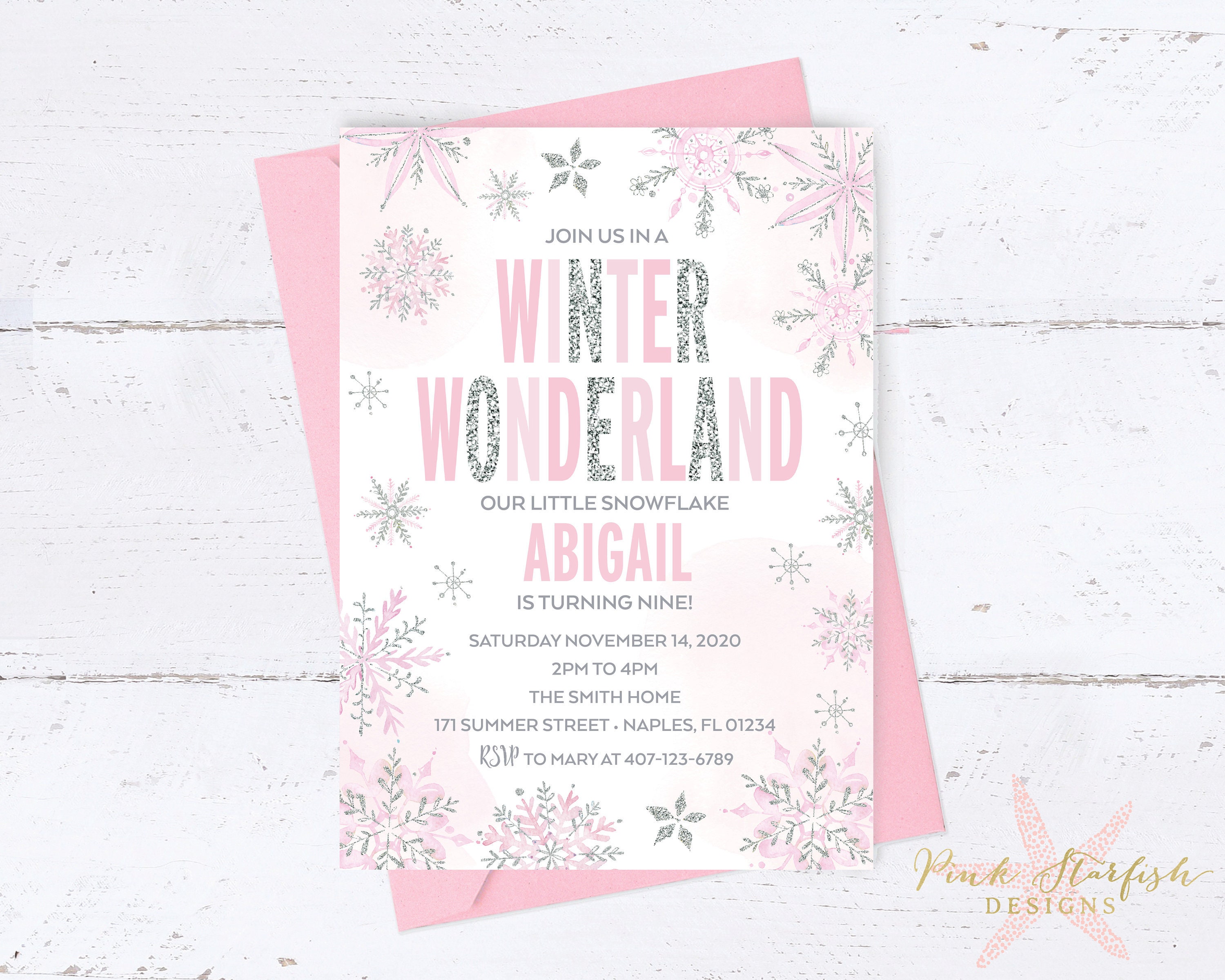Snowflake Birthday Invitation Winter Wonderland Winter Birthday Snowflake Invitation Birthday Invitation Silver Pink