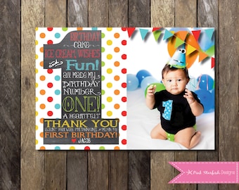 Rainbow Thank You, Chalkboard Thank You, First Birthday Thank You, First Birthday, Chalkboard, Rainbow, Number One, Digital, Polka Dots