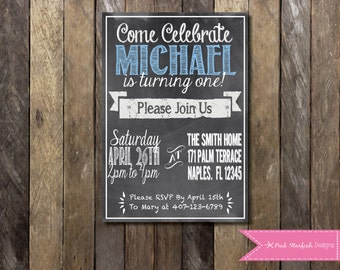 Chalkboard First Birthday Invitation, 1st Birthday Invitation, Chalkboard Invitation, Printable Invitation, Blue Invitation, Chalkboard