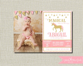 Pink and Gold Birthday Invitation, Pink and Gold Unicorn Invitation with Picture, Unicorn Birthday Invitation, Unicorn Invitation, Gold