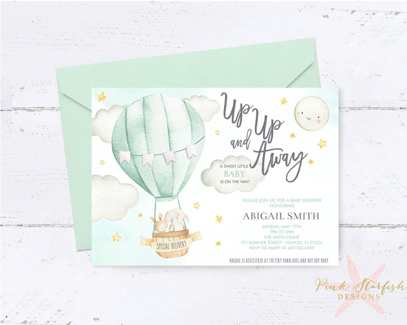 Balloon Baby Shower Invitation, Up Up and Away, Hot Air Balloon, Neutral Baby Shower Invitation, Balloon Baby Sprinkle Invitation image 1