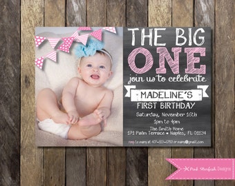 Chalkboard First Birthday Invitation with Picture, The Big One, Chalkboard Invitation, 1st Birthday Invitation, Pink, Blue, Chalkboard