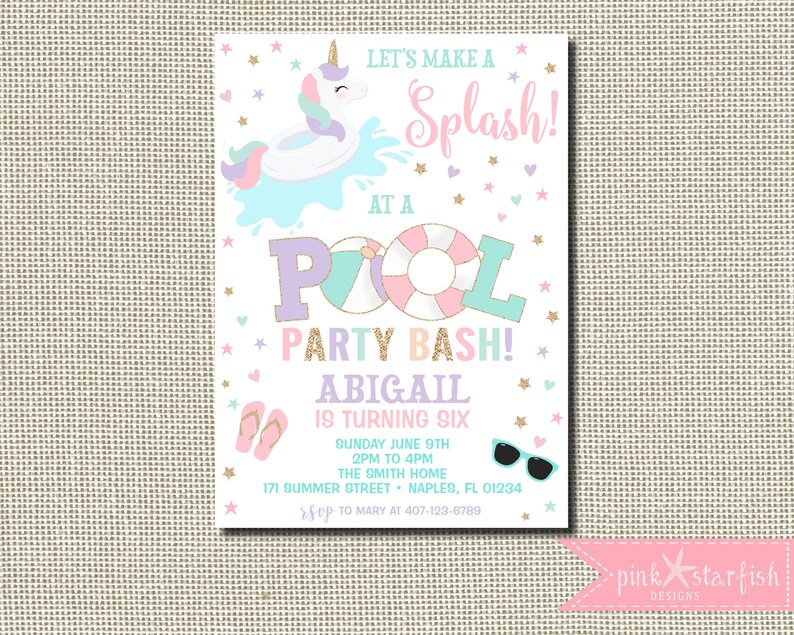 Unicorn Birthday Invitation, Pool Party Invitation, Unicorn Pool Party Invitation, Unicorn Invitation, Splash Pad Party, Summer Party Invite image 1