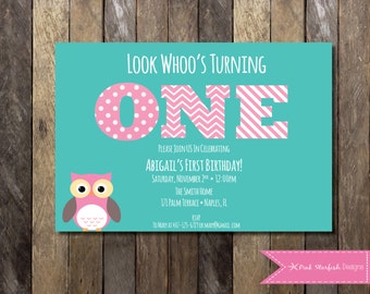Owl First Birthday Invitation, Owl Birthday Invitation, First Birthday Invitation, Printable Invitation, Owl Invitation, Pink, Owl, Aqua