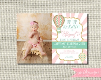 First Birthday Invitation Up Up and Away, Hot Air Balloon First Birthday Invitation, Shabby Chic Invitation, Balloon Invitation, Shabby Chic