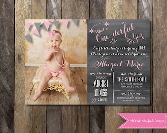 Chalkboard First Birthday Invitation with Picture, Chalkboard 1st Birthday Invite, Shabby Chic, Girls, Boys, Birthday Party, Wonderful Year