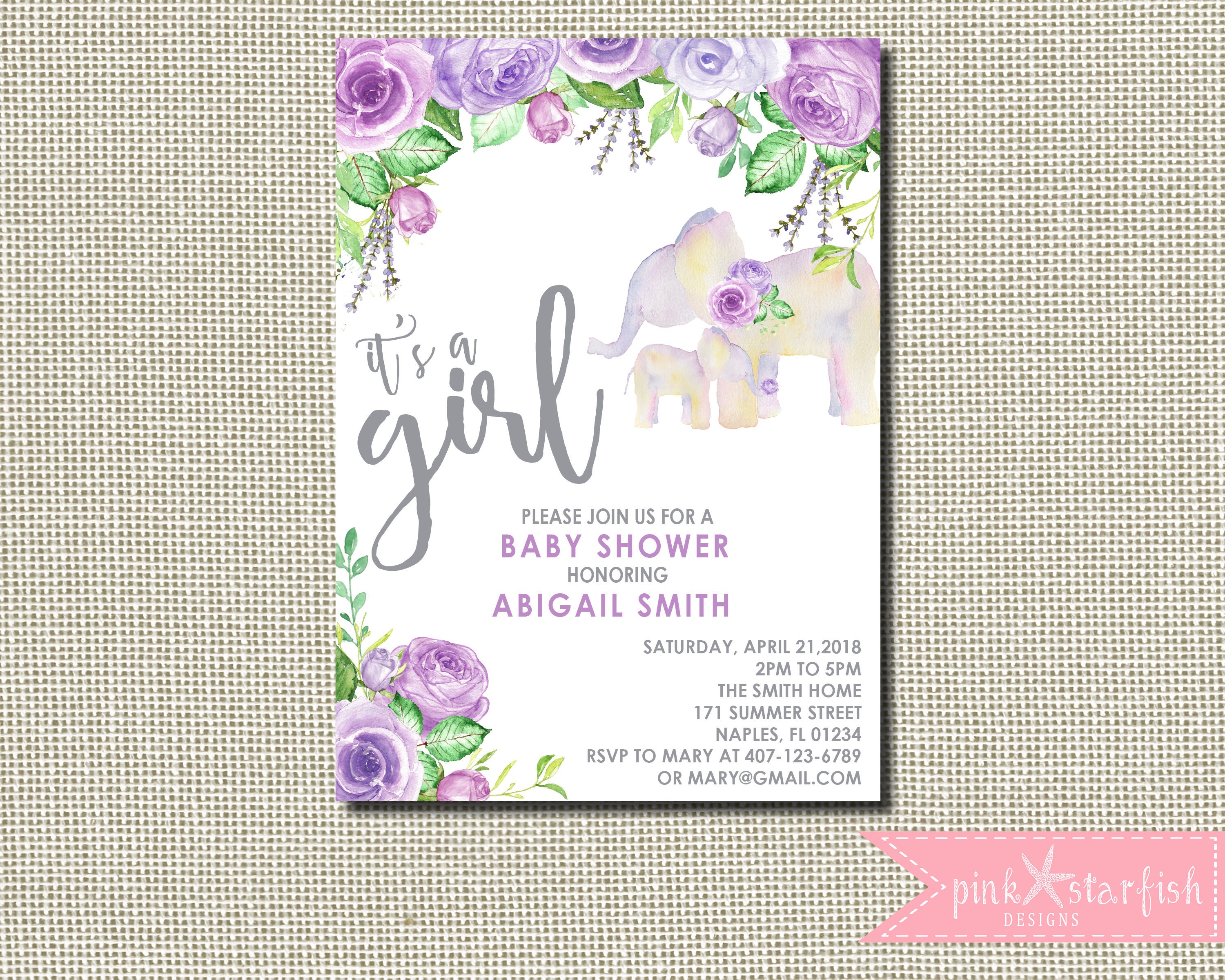 Girl Elephant Baby Shower Invitation Safari baby shower invitation Girl elephant invitation jungle baby shower invite