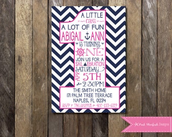 Nautical First Birthday Invitation, 1st Birthday Invitation, Printable Invitation, Nautical, Anchor, Chevron, Nautical Invite, Pink