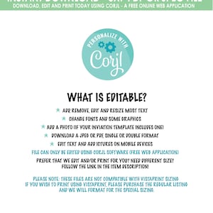 May include: A digital download graphic with the text "INSTANT DOWNLOAD" and "PERSONALIZE WITH Corjl". The image details editable features, including text, fonts, graphics, and photos. It is a 5x7 PDF or JPEG file.