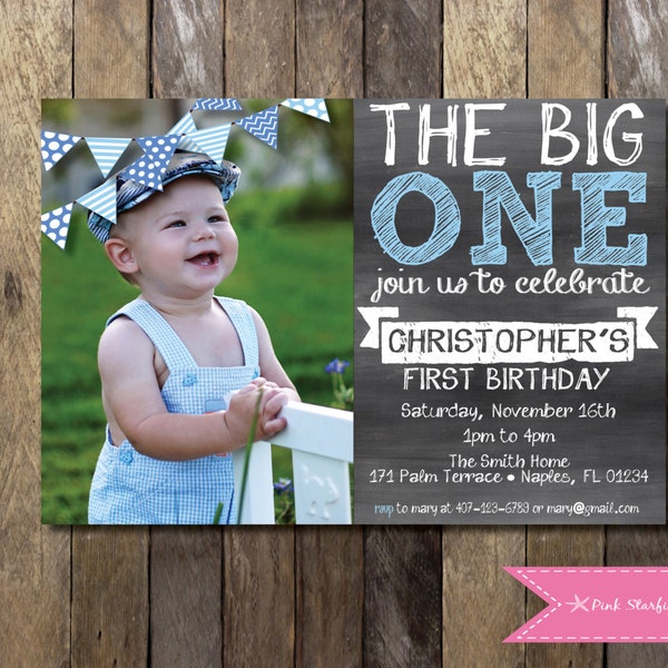 Chalkboard First Birthday Invitation with Picture, The Big One, Chalkboard Invitation, 1st Birthday Invitation, Pink, Blue, Chalkboard