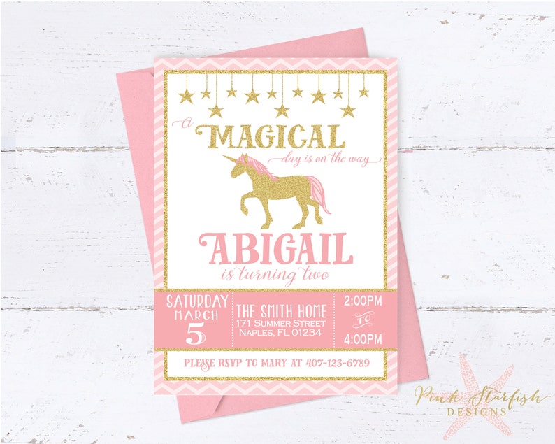 Pink and Gold Birthday Invitation, Pink and Gold Unicorn Invitation, Unicorn Birthday Invitation, Unicorn Invitation, Gold Glitter, Unicorn image 1