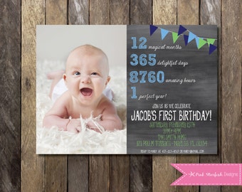 PRINTABLE Chalkboard First Birthday Invitation with Picture - 1st Birthday Invitation -  Girls Boys Birthday Party 4x6 or 5x7