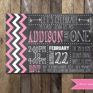 PRINTABLE Chalkboard Chevron First Birthday Invitation 1st Birthday Invitation Girls Boys Birthday Party 4x6 or 5x7 image 2