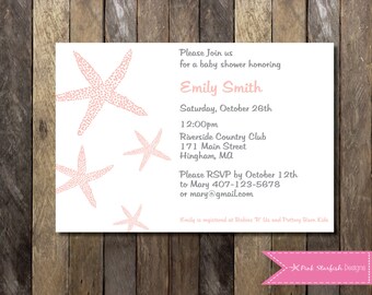 PRINTABLE Starfish Baby Shower Invitation - Pink Blue Green Yellow Starfish - Custom Order Baby Shower 4x6 or 5x7 invitation