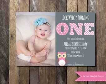 Owl First Birthday Invitation with Picture, Owl Birthday Invitation, Printable Invitation, Owl Invitation, Pink, Owl, Invite with Picture