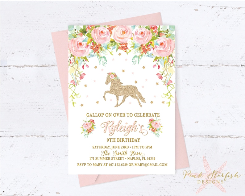 Horse invitation, Horse birthday invitation, Floral Horse Invitation, Pony Invitation, Blush Pink Gold Horse Party, Pastel Flowers, Pony image 1