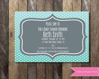 Baby Shower Invitation, Polka Dot Invitation, Modern Baby Shower, Baby Sprinkle Invite, Teal, Aqua, Polka Dot, Digital Printable Invitation