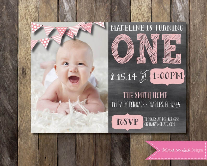 Chalkboard First Birthday Invitation with Picture, Chalkboard Invitation, 1st Birthday Invitation, Printable Invitation, Chalkboard, Invite image 1