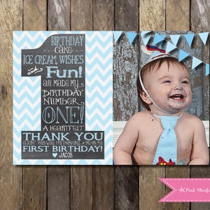 Chalkboard Thank You Card with Picture, Chalkboard Thank You, First Birthday Thank You, Printable Thank You, Chalkboard Invitation, Blue