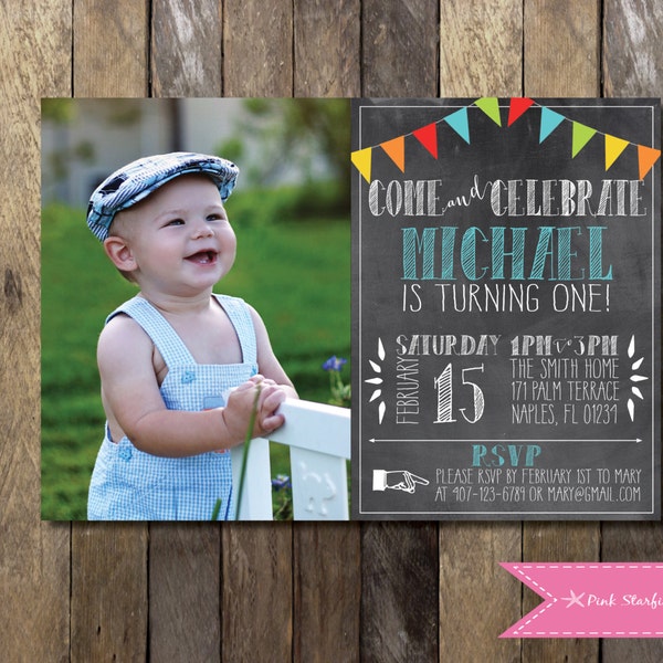 Chalkboard First Birthday Invitation, First Birthday Invitation, 1st Birthday Invitation, Digital Printable Invitation, Rainbow Invitation