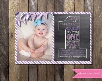 PRINTABLE Chalkboard First Birthday Invitation with Picture - 1st Birthday Invitation -  Girls Boys Birthday Party 4x6 or 5x7
