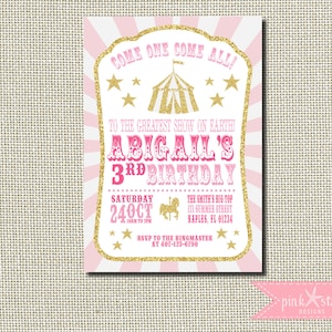 Circus Invitation, Carnival Birthday Party, Big Top Pink and Gold, Circus Birthday Party, Girls Boys Birthday Party, Glitter, Merry Go Round