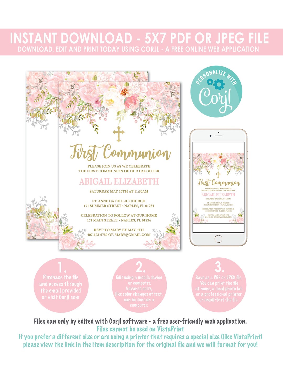 First Communion Invitation, Girl First Communion Invitation, Communion