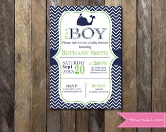 Baby Shower Invitation, Chevron Stripe,  Nautical Baby Shower, Whale, Printable Invitation, Nautical Invitation, Nautical Shower, Anchor