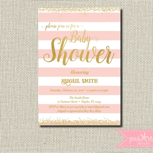 Pink and Gold Baby Shower Invitation, Gold Glitter Baby, Pink and White, Girl Baby Shower Invitation, Glam, Blush Pink and Gold Invitation