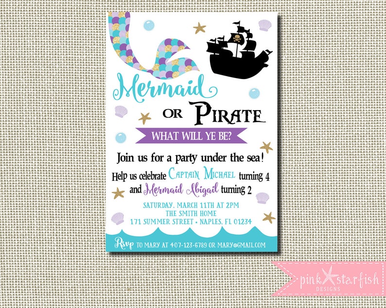 Mermaid And Pirate Invitation Mermaid And Pirate Birthday Etsy
