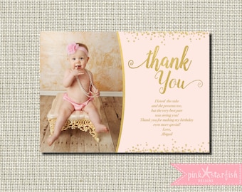 Pink and Gold Thank You Card, Birthday Thank You Card, Glitter Thank You Card, Gold, First Birthday Thank You, Birthday Thank You, Printable